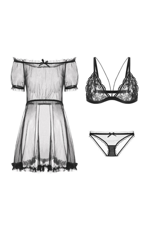 セクシーランジェリー 下着 女性用  チュールスリープドレス付き ルームウェア3点セット s3_1213