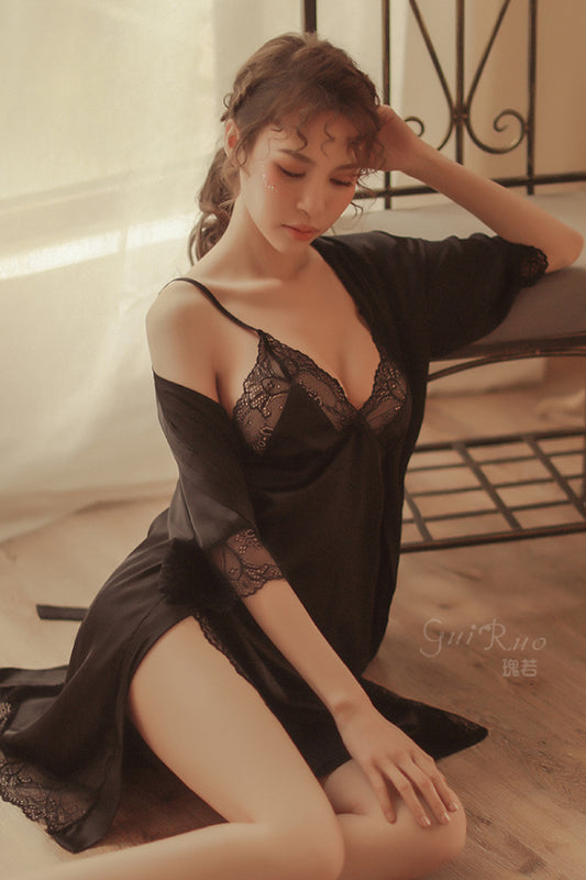 女性用セクシーレーススリット付きサテンナイトウェア4点セット s3_245