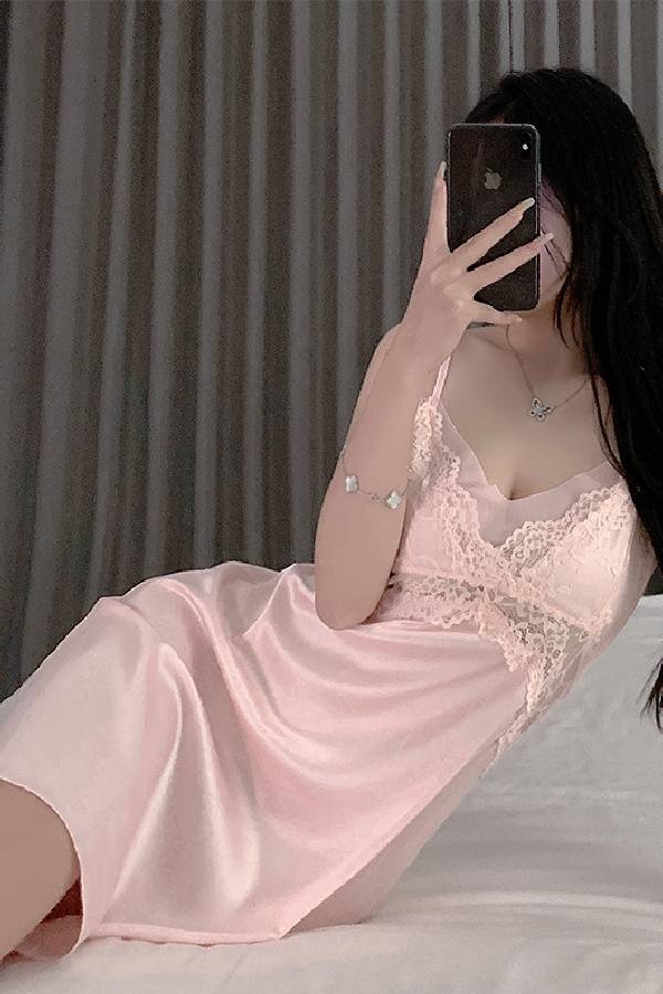 女性用セクシーランジェリー レース切り替え 胸パット付きサテンキャミソール＆Tバックセット sUW7_ZQ6005
