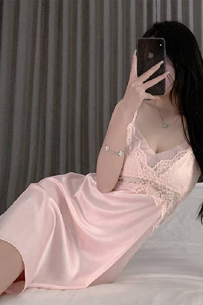 女性用セクシーランジェリー レース切り替え 胸パット付きサテンキャミソール＆Tバックセット sUW7_ZQ6005