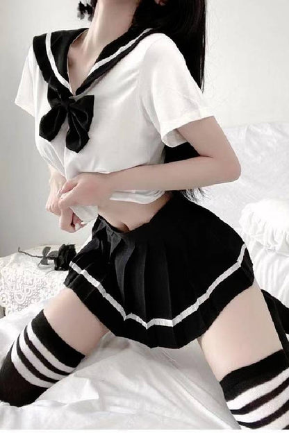 女性用セクシーランジェリー リボン付き セーラーカラー半袖トップス＆プリーツミニスカートセット sUW7_ZQ6084