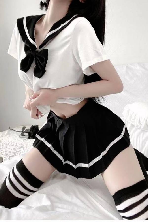 女性用セクシーランジェリー リボン付き セーラーカラー半袖トップス＆プリーツミニスカートセット sUW7_ZQ6084