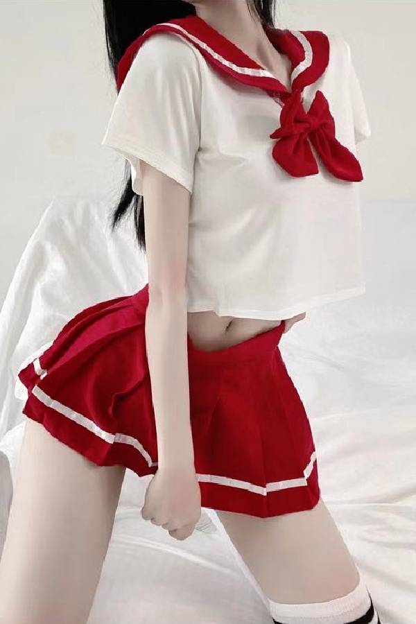 女性用セクシーランジェリー リボン付き セーラーカラー半袖トップス＆プリーツミニスカートセット sUW7_ZQ6084
