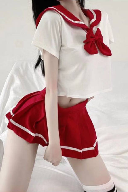 女性用セクシーランジェリー リボン付き セーラーカラー半袖トップス＆プリーツミニスカートセット sUW7_ZQ6084