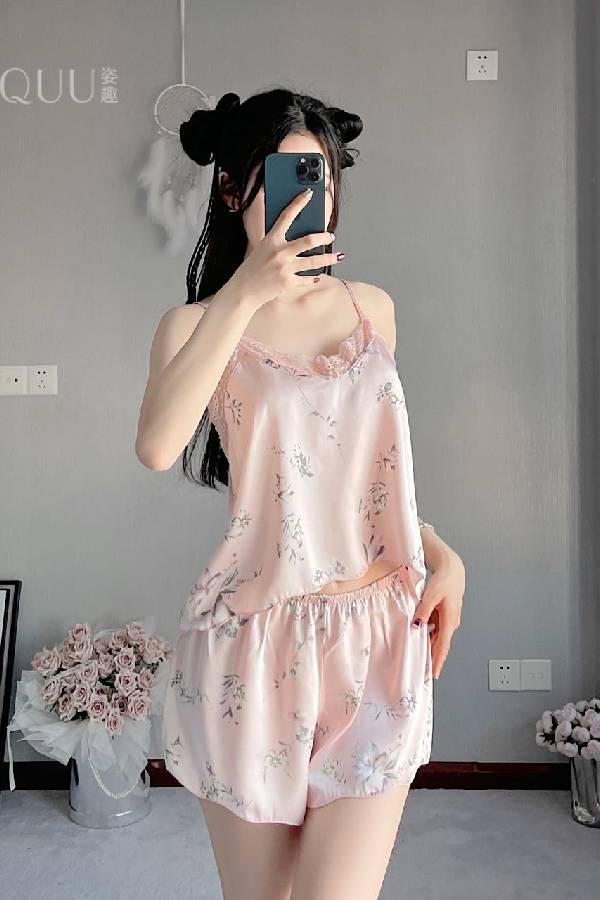 女性用セクシーランジェリー スイートフラワー柄 キャミソールルームウェアセット sUW7_ZQ6105