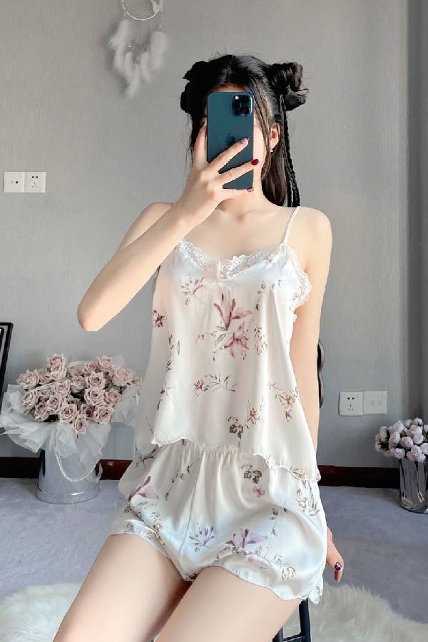 女性用セクシーランジェリー スイートフラワー柄 キャミソールルームウェアセット sUW7_ZQ6105
