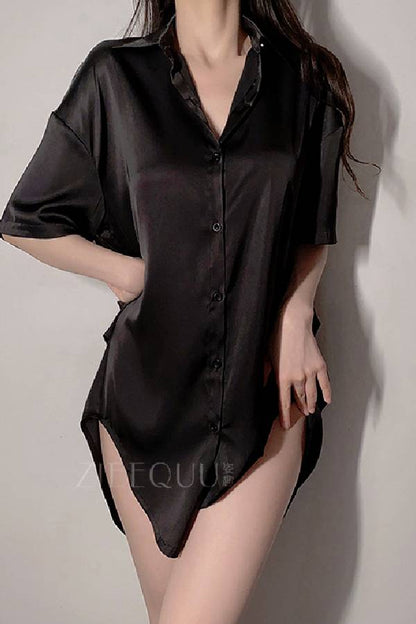 女性用セクシーランジェリー サテンシャツ風 レースバック ナイトドレス sUW7_ZQ6188