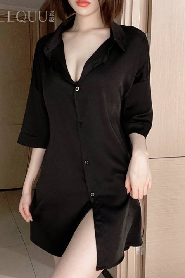 女性用セクシーランジェリー バックレース サテンシャツ ナイトドレス sUW7_ZQ6189