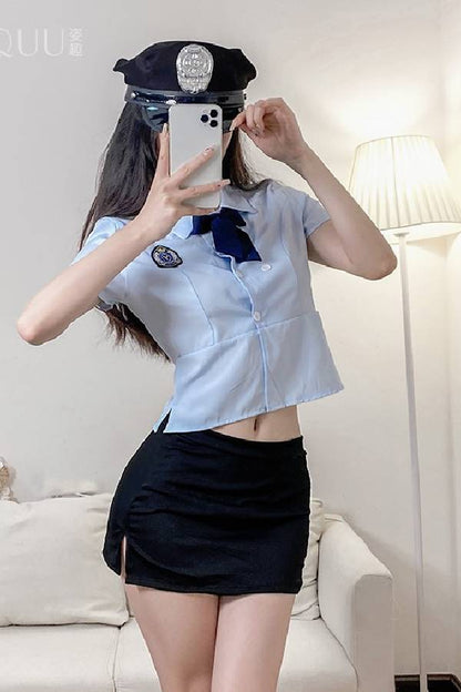 女性用セクシーランジェリー ポリス風リボンブラウス＆ミニスカート コスチュームセット sUW7_ZQ6351