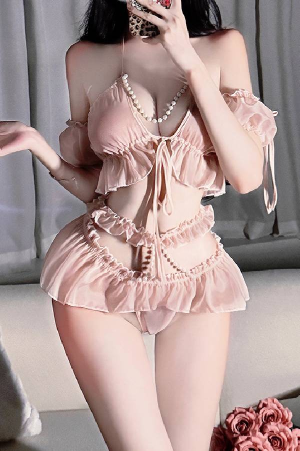 女性用セクシーランジェリー パールライン付き フリルシフォン ランジェリーセット sUW7_ZQ6406