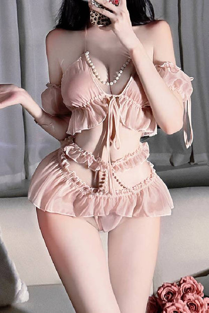 女性用セクシーランジェリー パールライン付き フリルシフォン ランジェリーセット sUW7_ZQ6406