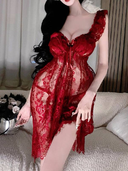 女性用セクシーランジェリー ディープV フラワーレース ロングベビードール sUW7_ZQ6442
