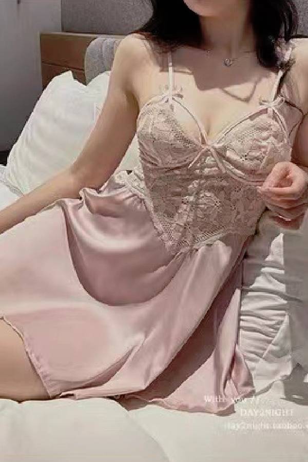 女性用セクシーランジェリー リボンストラップ×フラワーレース サテンベビードール sUW7_ZQ6459