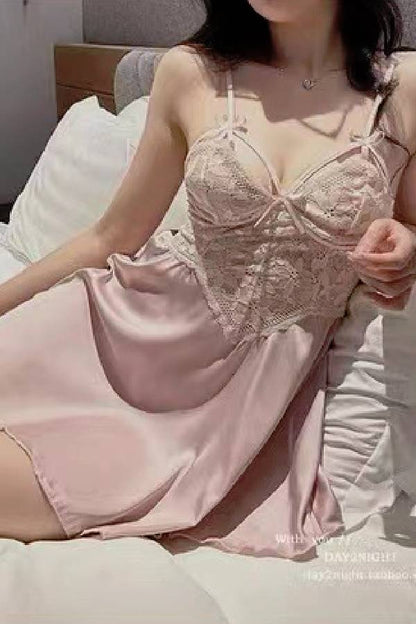 女性用セクシーランジェリー リボンストラップ×フラワーレース サテンベビードール sUW7_ZQ6459