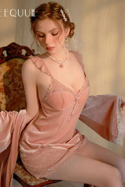 女性用セクシーランジェリー ベロアレース リボンキャミソールナイトドレス sUW7_ZQ6478