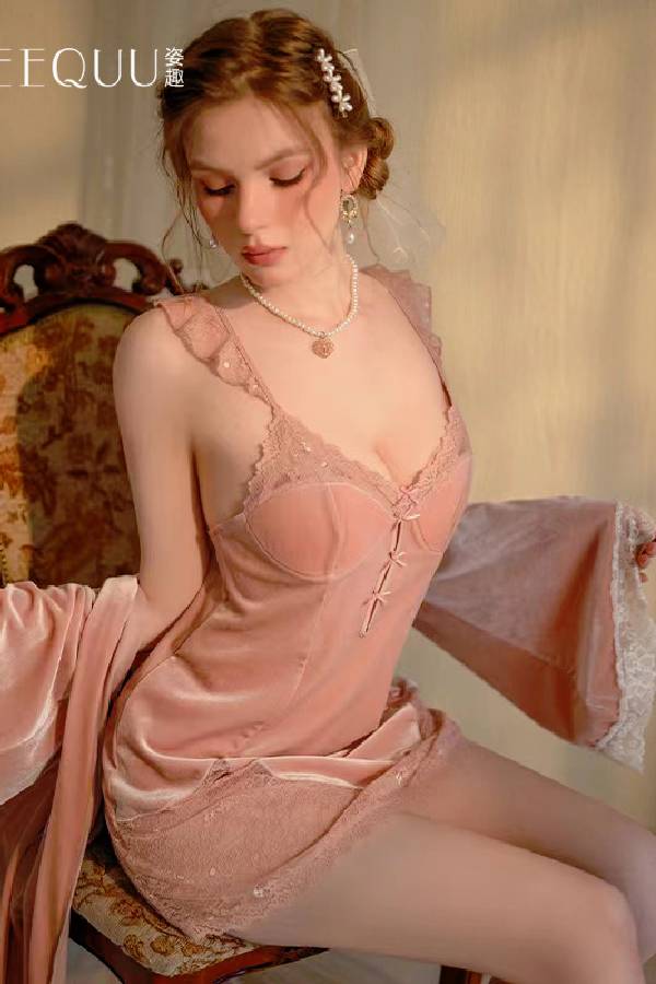 女性用セクシーランジェリー ベロアレース リボンキャミソールナイトドレス sUW7_ZQ6478