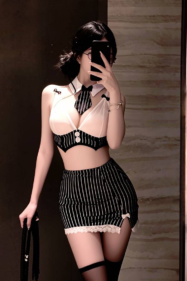 女性用セクシーランジェリー ピンストライプ セクシー秘書コスチュームセット sUW7_ZQ6537